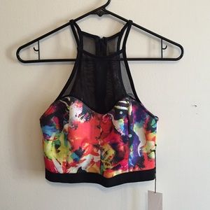 Neoprene and Mesh Watercolor high neck crop top